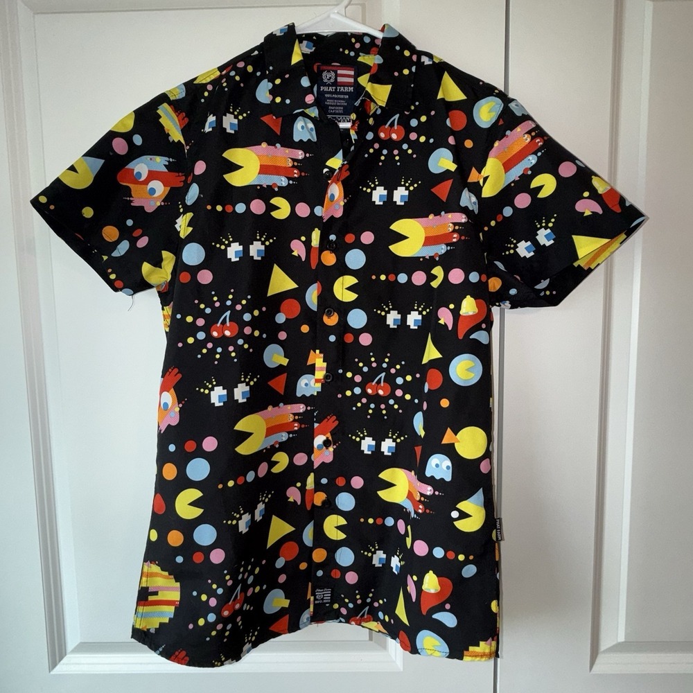 Phat Farm Pac-Man Shirt M Black Graphic Y2K Retro Arcade Button Up